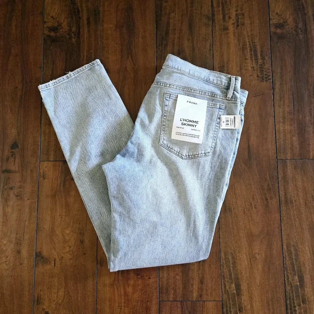 Frame Men's Denim L'Homme Skinny Fit Mid Rise Light Wash Distressed Jeans Sz 38